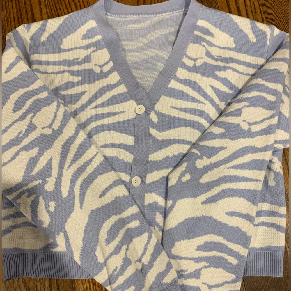 Blue and white cardigan